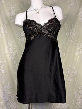 INC International Concepts Black Lace-Trim Satin Slip Dress